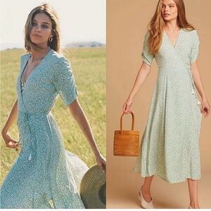 Faithful the Brand Chiara Ditsy Floral Print Surplice Wrap Midi Dress Green 2